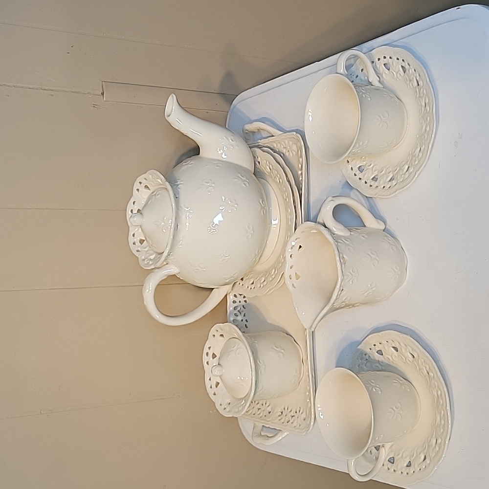 Skye McGhie Cream Lace Fine Porcelain Tea Service Set.
